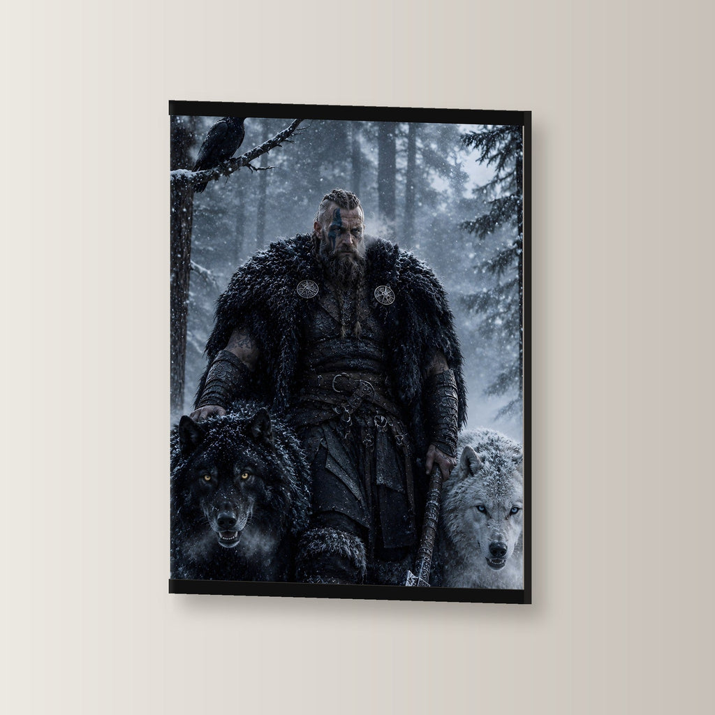 Die Wolfsmeute als Poster mit schwarzer Holzleiste, leicht gedreht an der Wand fotografiert