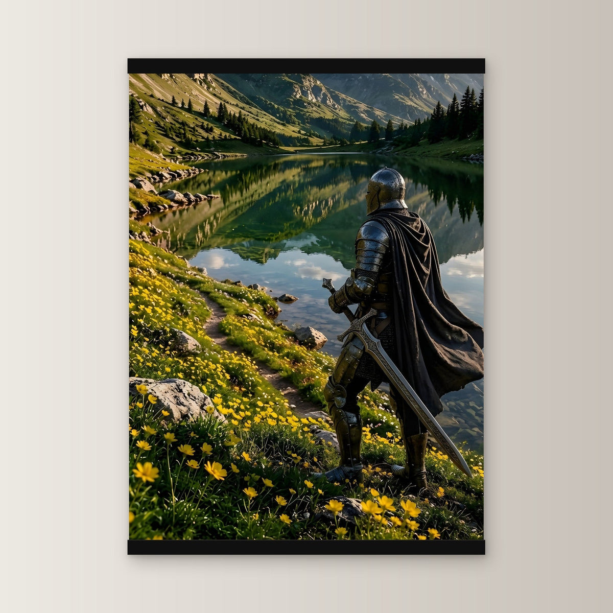 Der Wächter am See als Poster mit schwarzer Holzleiste, gerade von vorn an heller Wand