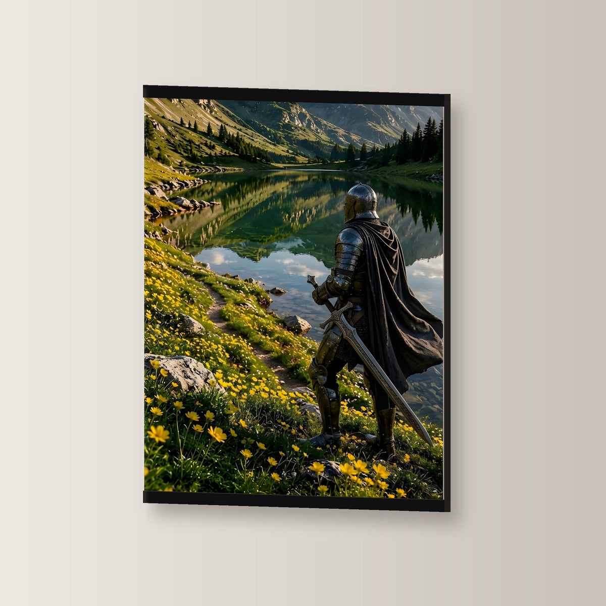Der Wächter am See als Poster mit schwarzer Holzleiste, leicht gedreht an der Wand fotografiert