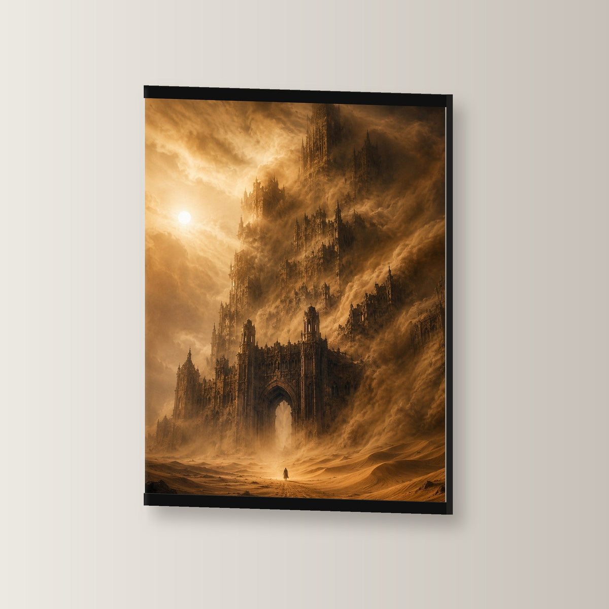 Das Wüstenimperium als Poster mit schwarzer Holzleiste, leicht gedreht an der Wand fotografiert