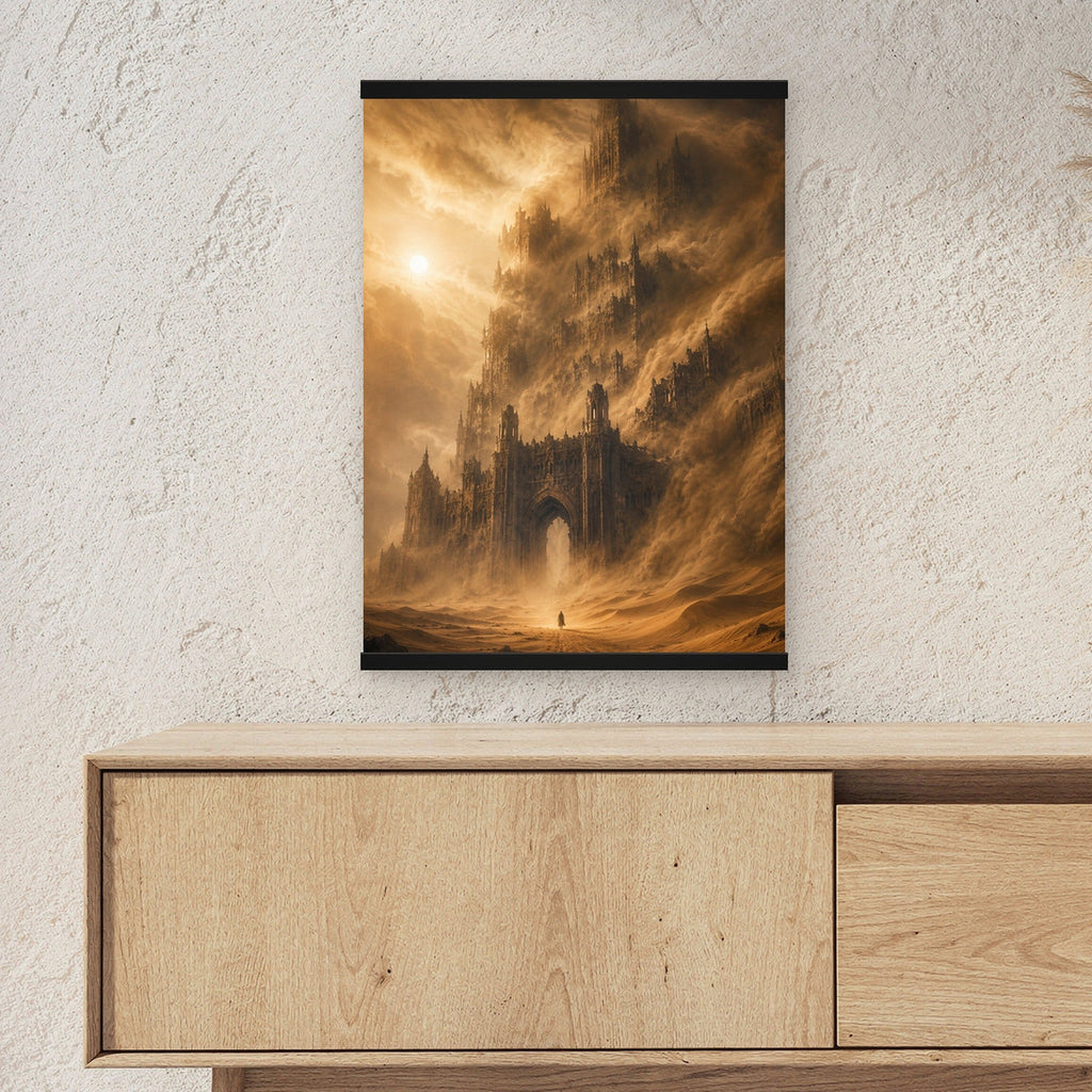 Das Wüstenimperium als Poster mit schwarzer Holzleiste ueber einem Sideboard, zeigt die Groesse im Raum