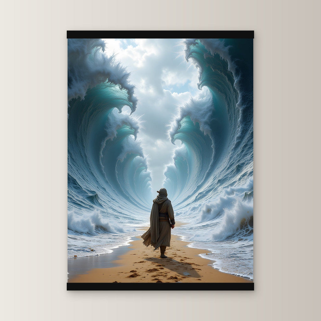 Der Wasserpfad als Poster mit schwarzer Holzleiste, gerade von vorn an heller Wand
