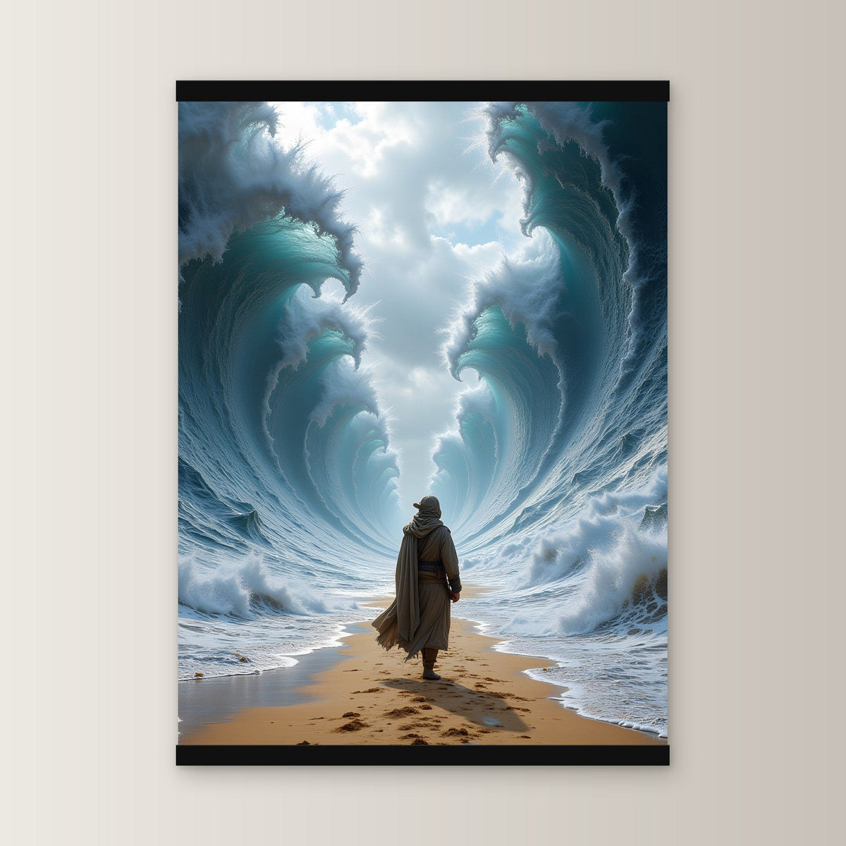 Der Wasserpfad als Poster mit schwarzer Holzleiste, gerade von vorn an heller Wand