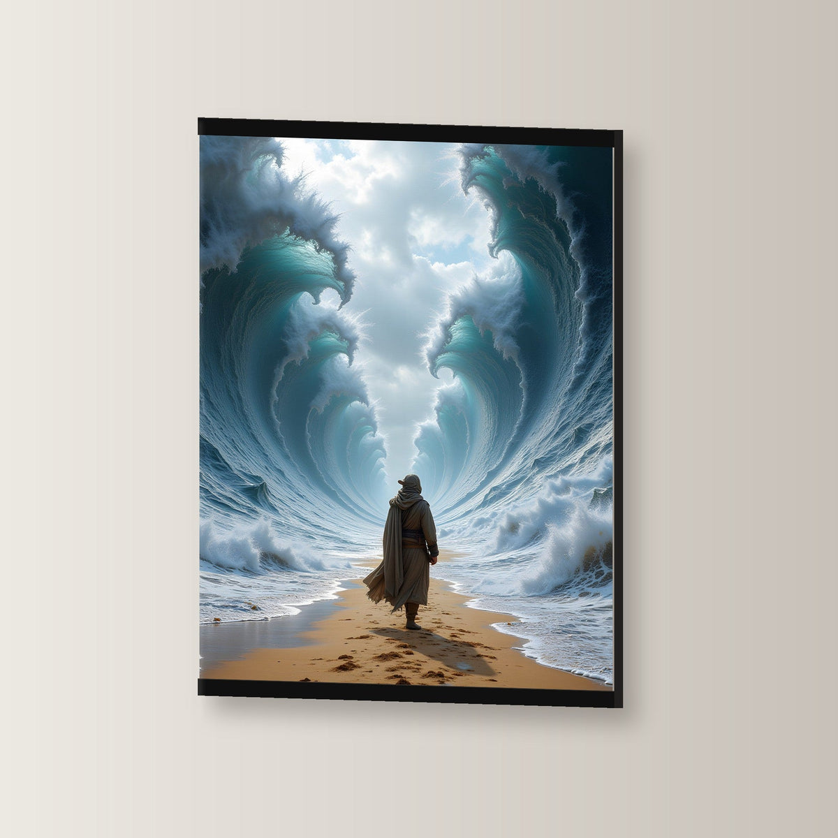 Der Wasserpfad als Poster mit schwarzer Holzleiste, leicht gedreht an der Wand fotografiert