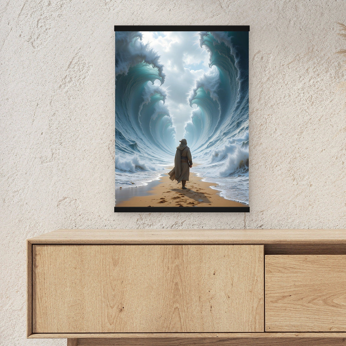 Der Wasserpfad als Poster mit schwarzer Holzleiste ueber einem Sideboard, zeigt die Groesse im Raum