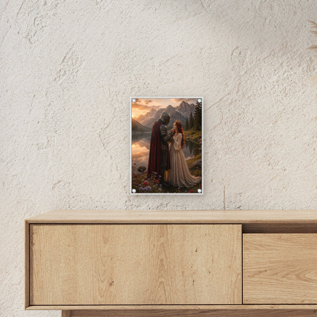 Dark-Fantasy Acrylglasbild auf Acrylglas mit Edelstahl-Abstandshaltern ueber einem Sideboard, zeigt die Groesse im Raum