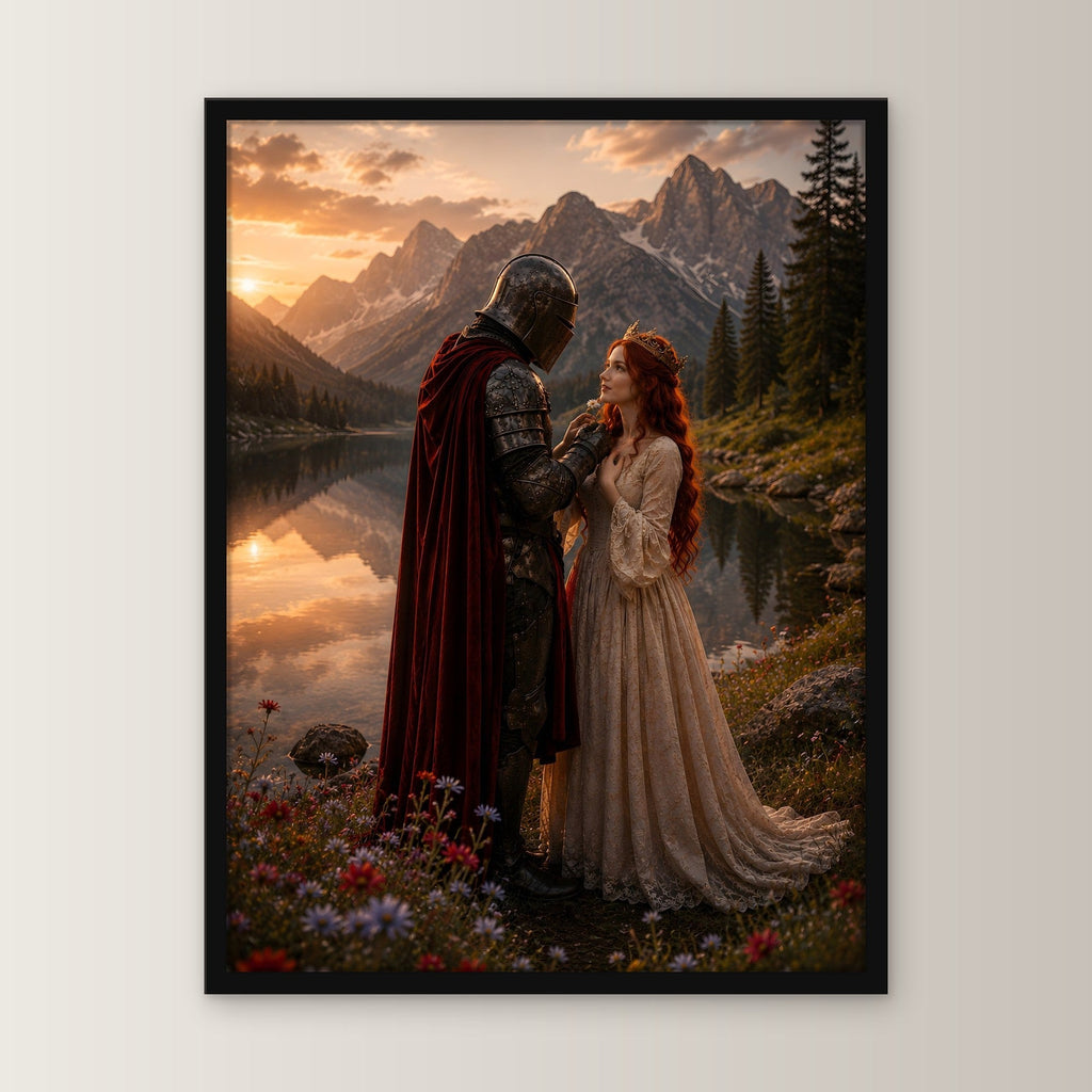 Dark-Fantasy Poster gerahmt im schwarzen Holzrahmen, gerade von vorn an heller Wand