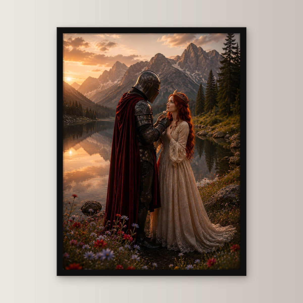 Dark-Fantasy Poster gerahmt im schwarzen Holzrahmen, gerade von vorn an heller Wand