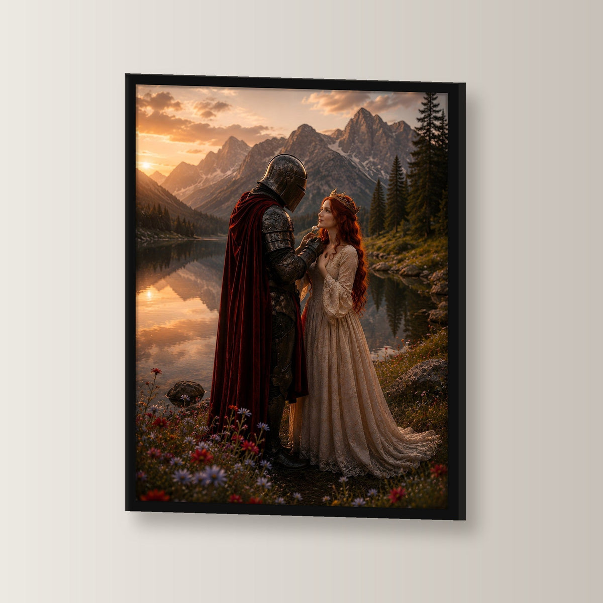 Dark-Fantasy Poster gerahmt im schwarzen Holzrahmen, leicht gedreht an der Wand fotografiert
