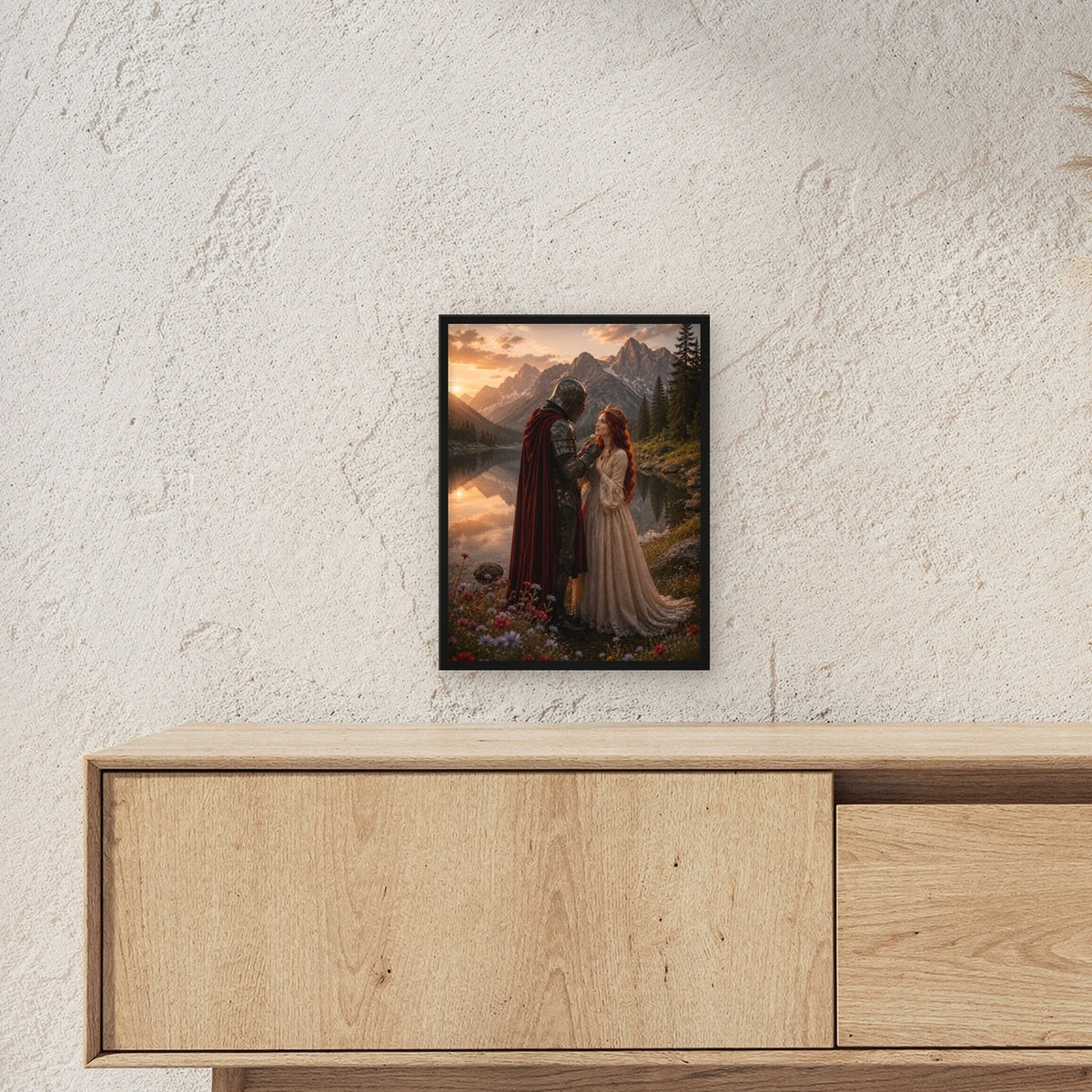 Dark-Fantasy Poster gerahmt im schwarzen Holzrahmen ueber einem Sideboard, zeigt die Groesse im Raum
