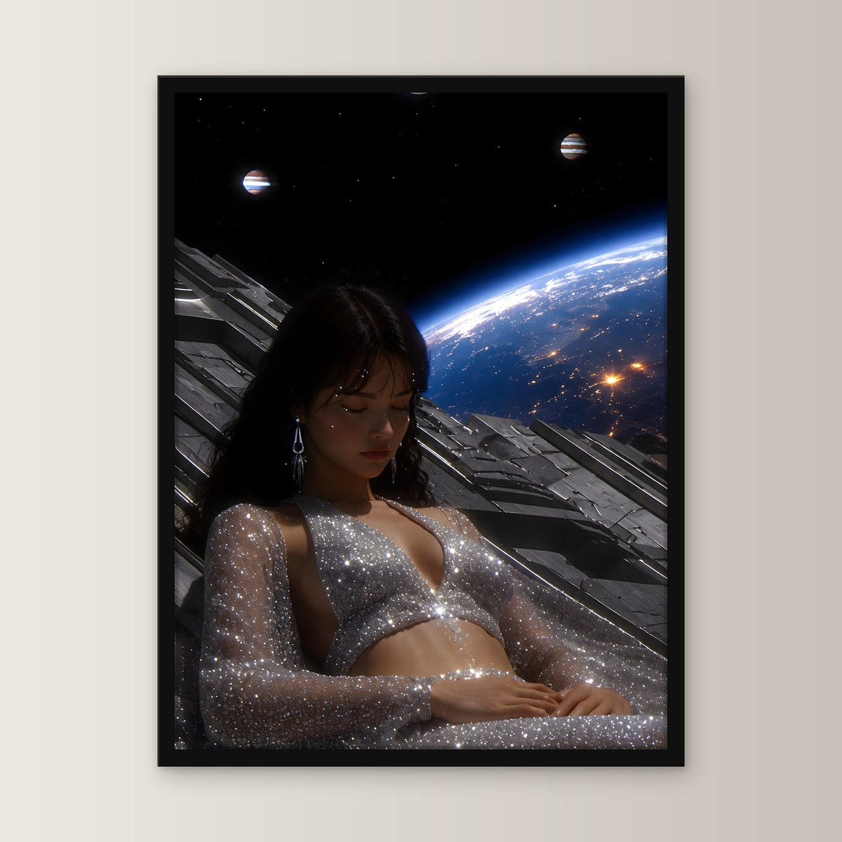 Kosmos Poster gerahmt im schwarzen Holzrahmen, gerade von vorn an heller Wand
