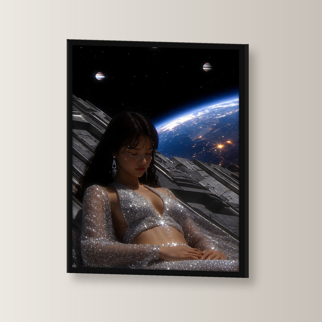 Kosmos Poster gerahmt im schwarzen Holzrahmen, leicht gedreht an der Wand fotografiert