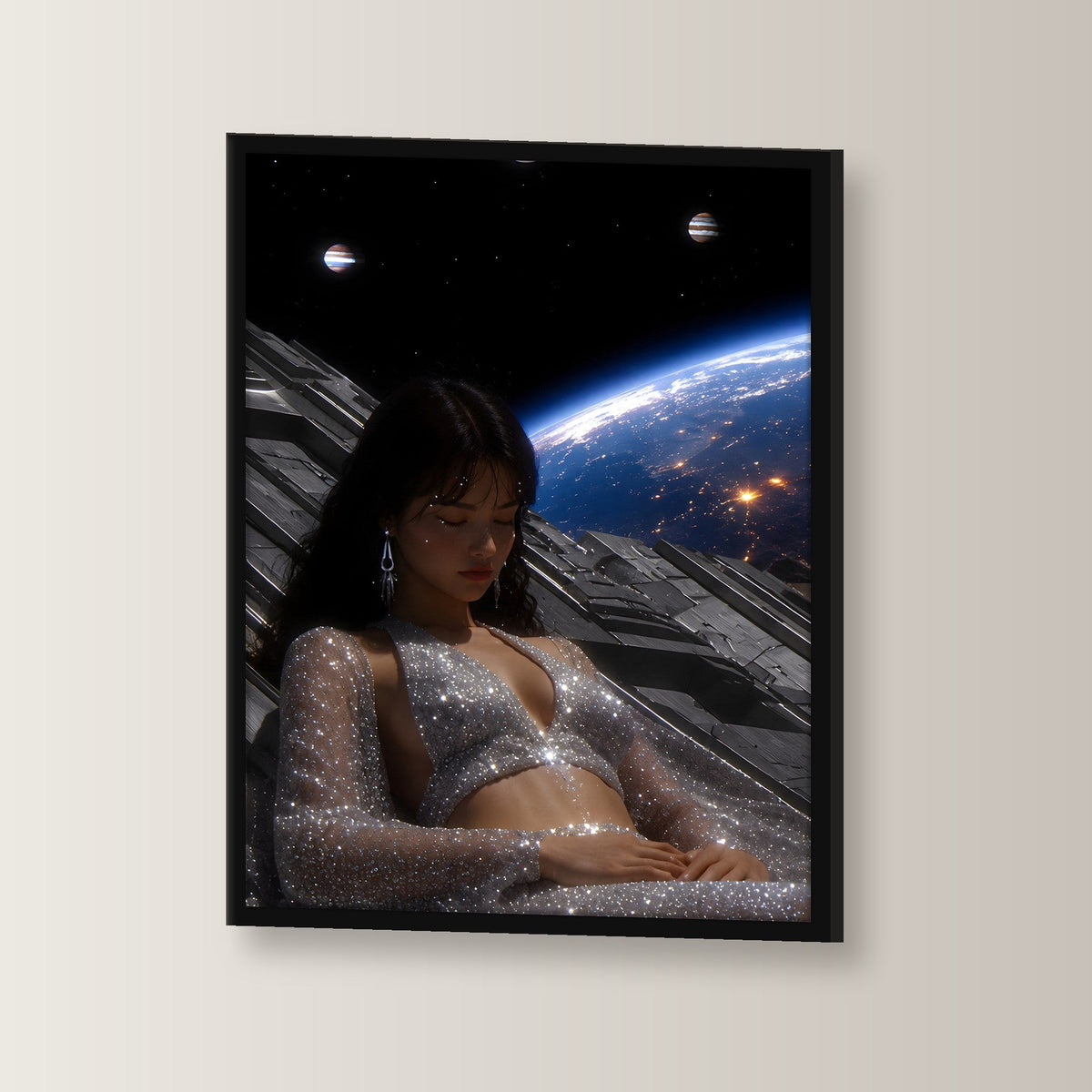 Kosmos Poster gerahmt im schwarzen Holzrahmen, leicht gedreht an der Wand fotografiert