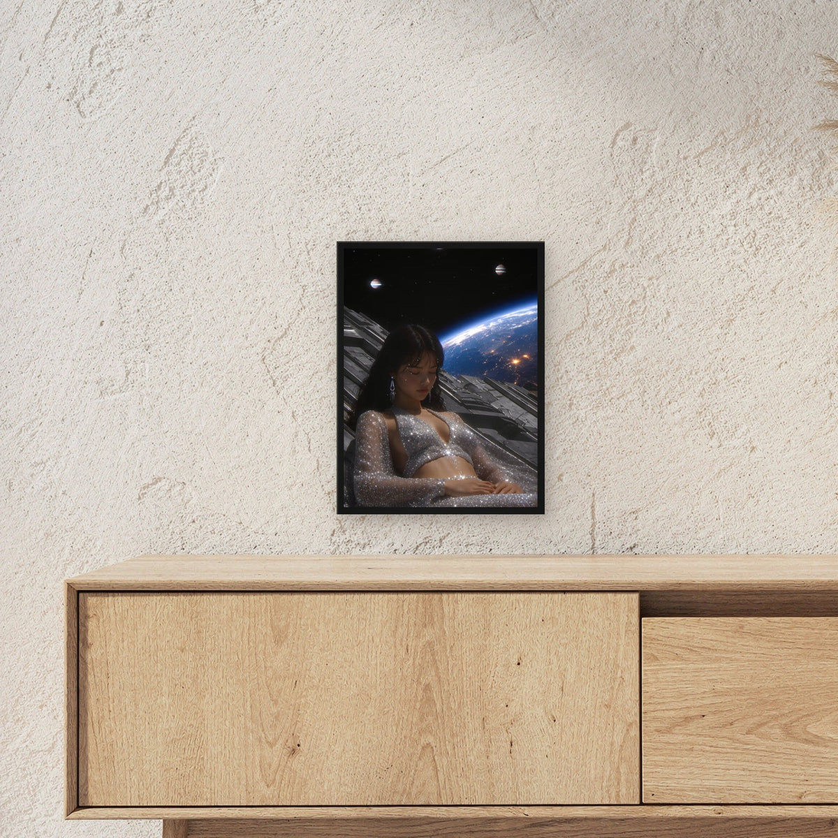 Kosmos Poster gerahmt im schwarzen Holzrahmen ueber einem Sideboard, zeigt die Groesse im Raum
