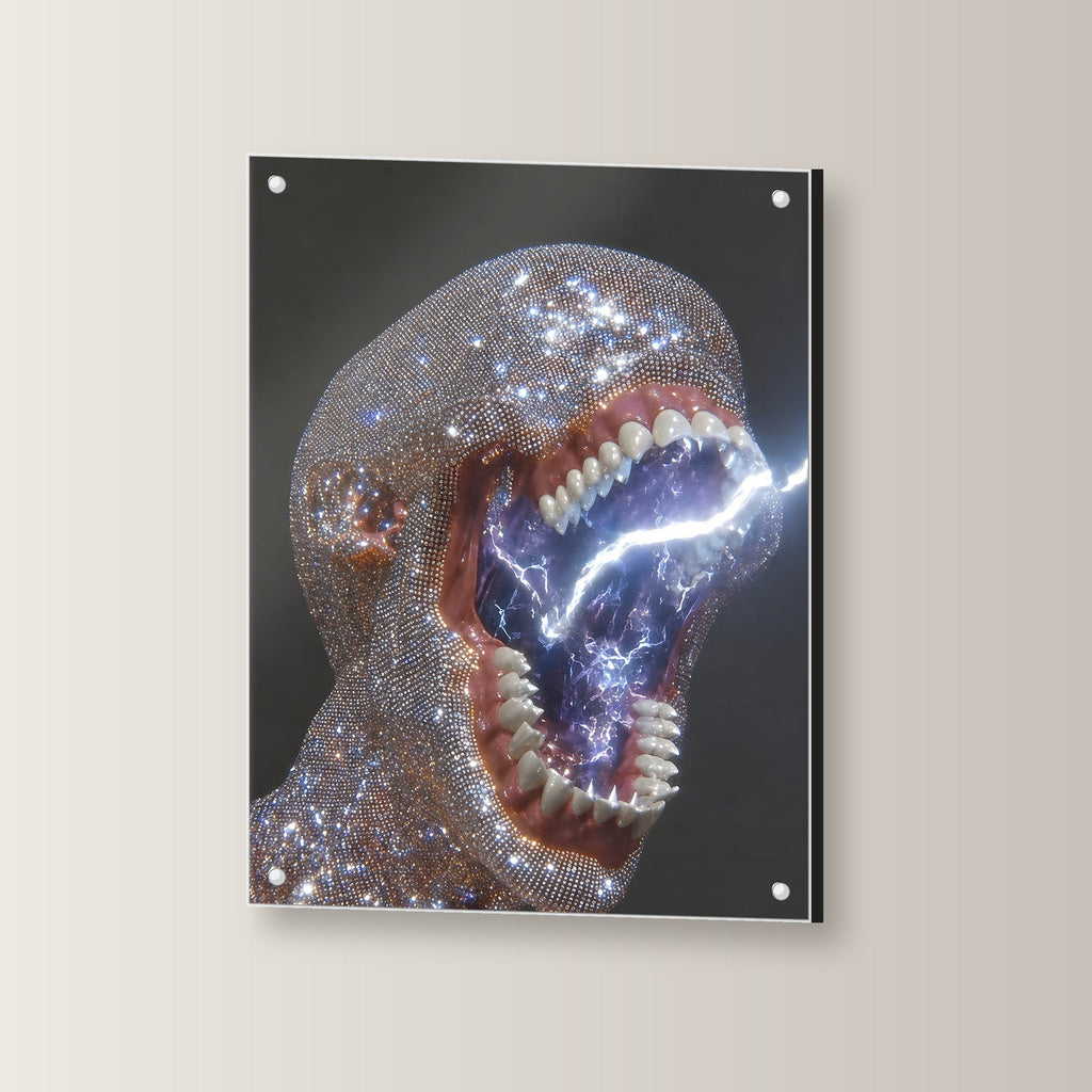 Surreal Acrylglasbild auf Acrylglas mit Edelstahl-Abstandshaltern, leicht gedreht an der Wand fotografiert