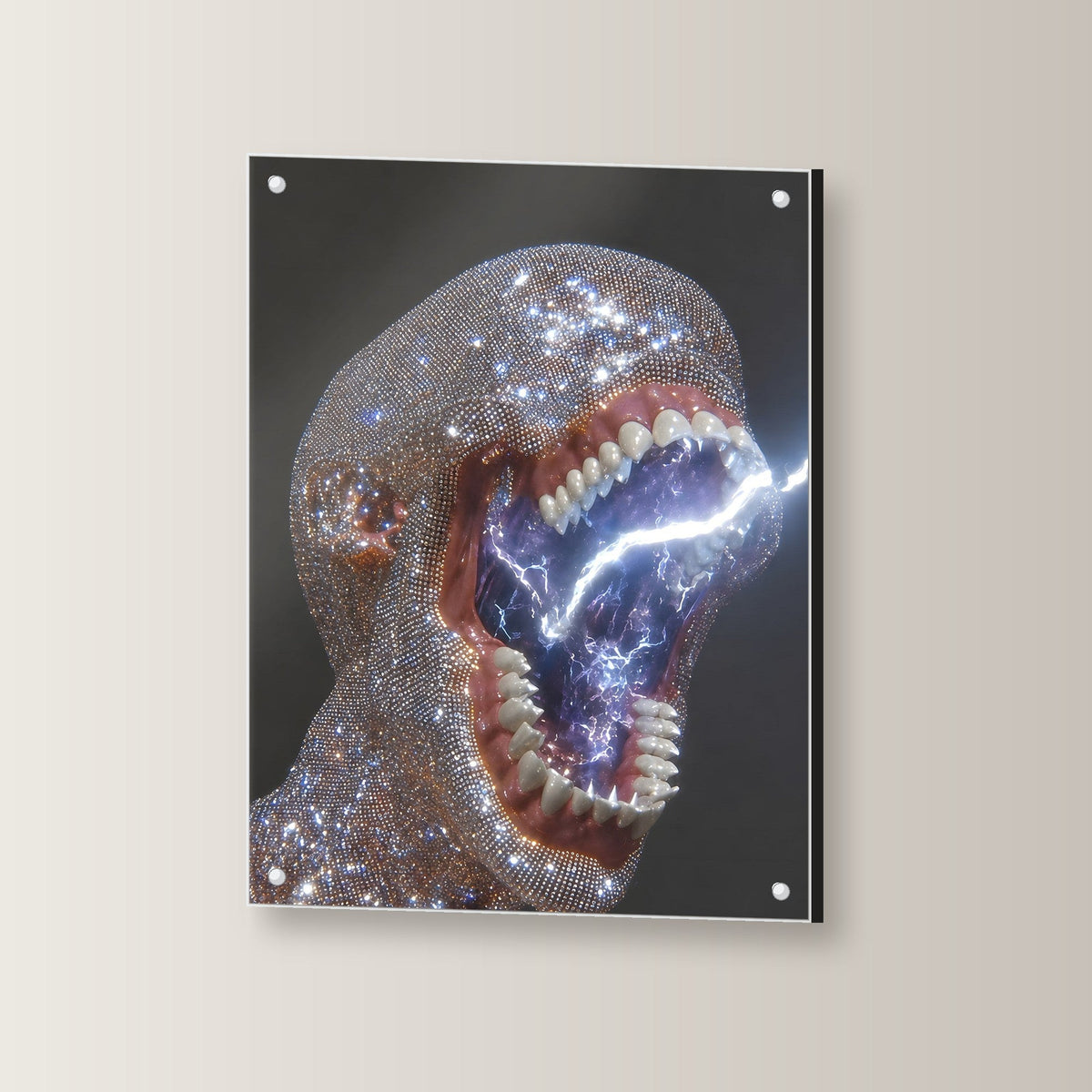 Surreal Acrylglasbild auf Acrylglas mit Edelstahl-Abstandshaltern, leicht gedreht an der Wand fotografiert