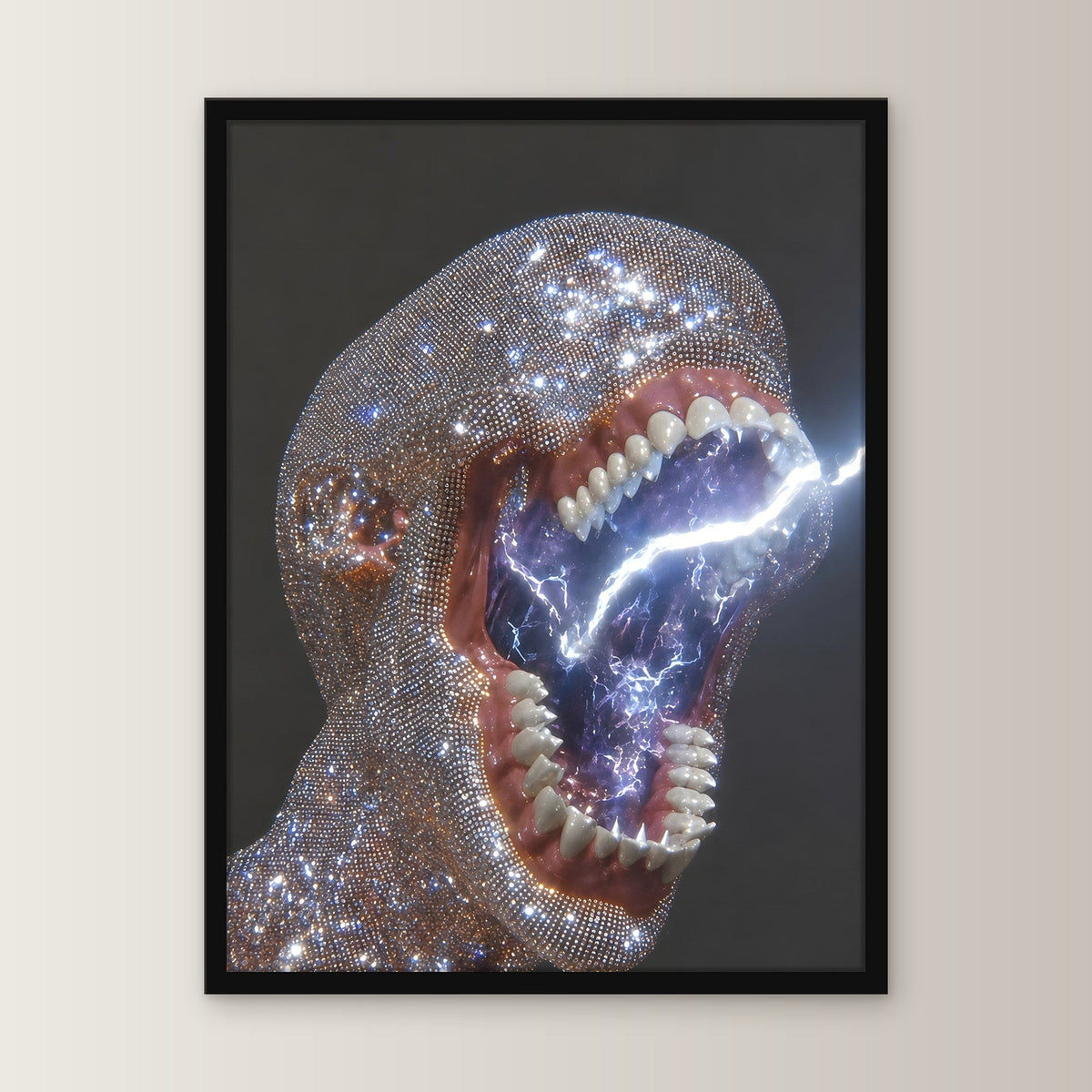 Surreal Poster gerahmt im schwarzen Holzrahmen, gerade von vorn an heller Wand