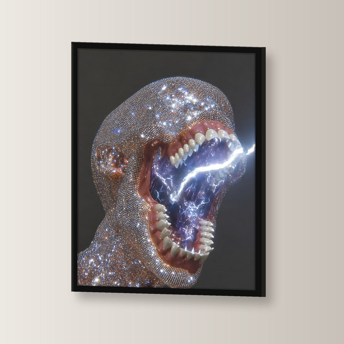Surreal Poster gerahmt im schwarzen Holzrahmen, leicht gedreht an der Wand fotografiert