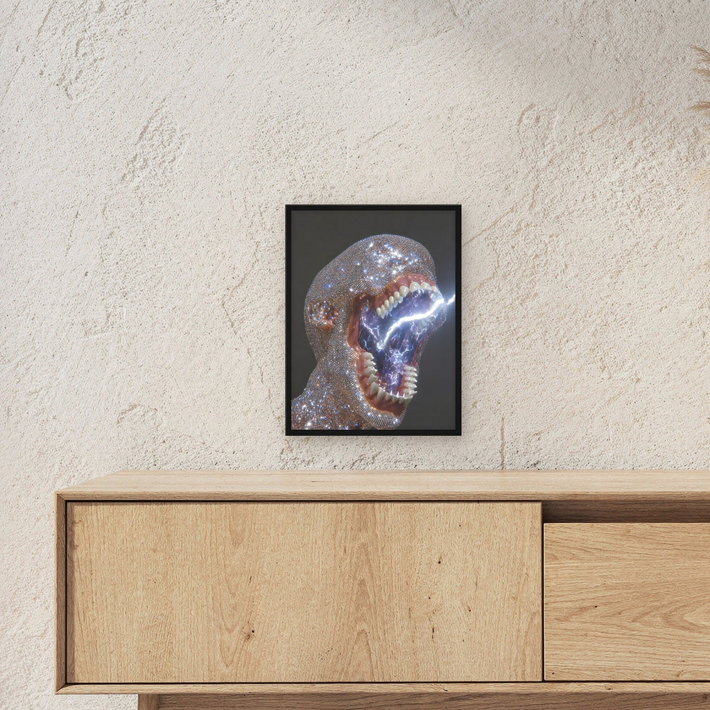 Surreal Poster gerahmt im schwarzen Holzrahmen ueber einem Sideboard, zeigt die Groesse im Raum