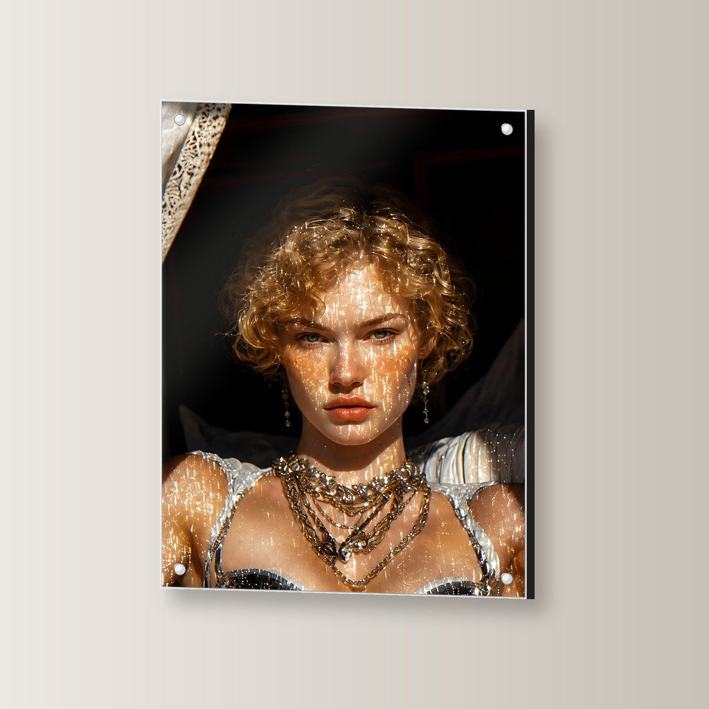 Gothic Frau Acrylglas | Fantasy Kunstdruck auf Acrylglas mit Edelstahl-Abstandshaltern, leicht gedreht an der Wand fotografiert