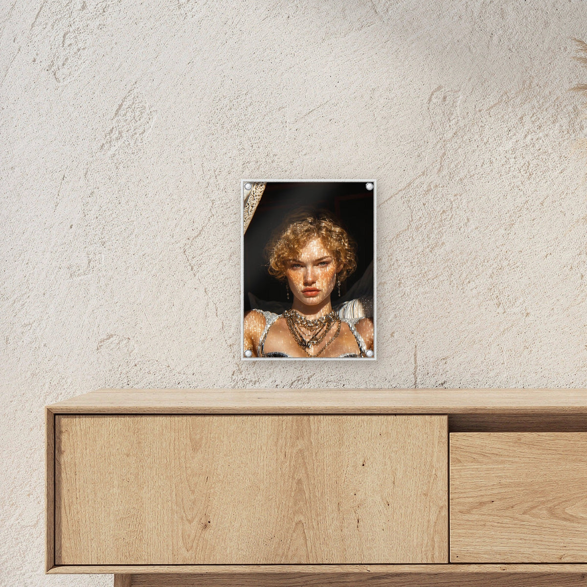 Gothic Frau Acrylglas | Fantasy Kunstdruck auf Acrylglas mit Edelstahl-Abstandshaltern ueber einem Sideboard, zeigt die Groesse im Raum
