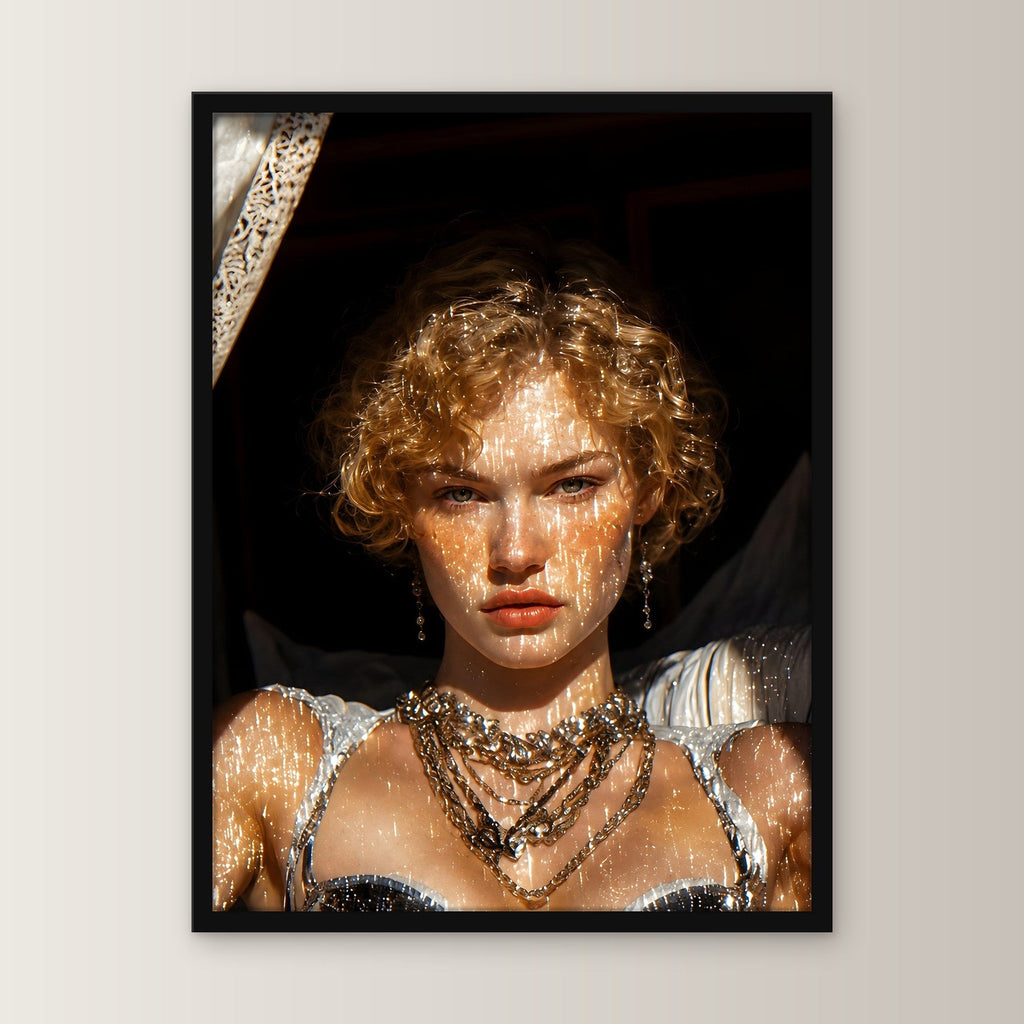 Gothic Frau Poster gerahmt | Fantasy Deko im schwarzen Holzrahmen, gerade von vorn an heller Wand