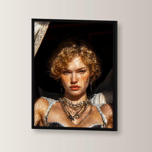 Gothic Frau Poster gerahmt | Fantasy Deko im schwarzen Holzrahmen, leicht gedreht an der Wand fotografiert