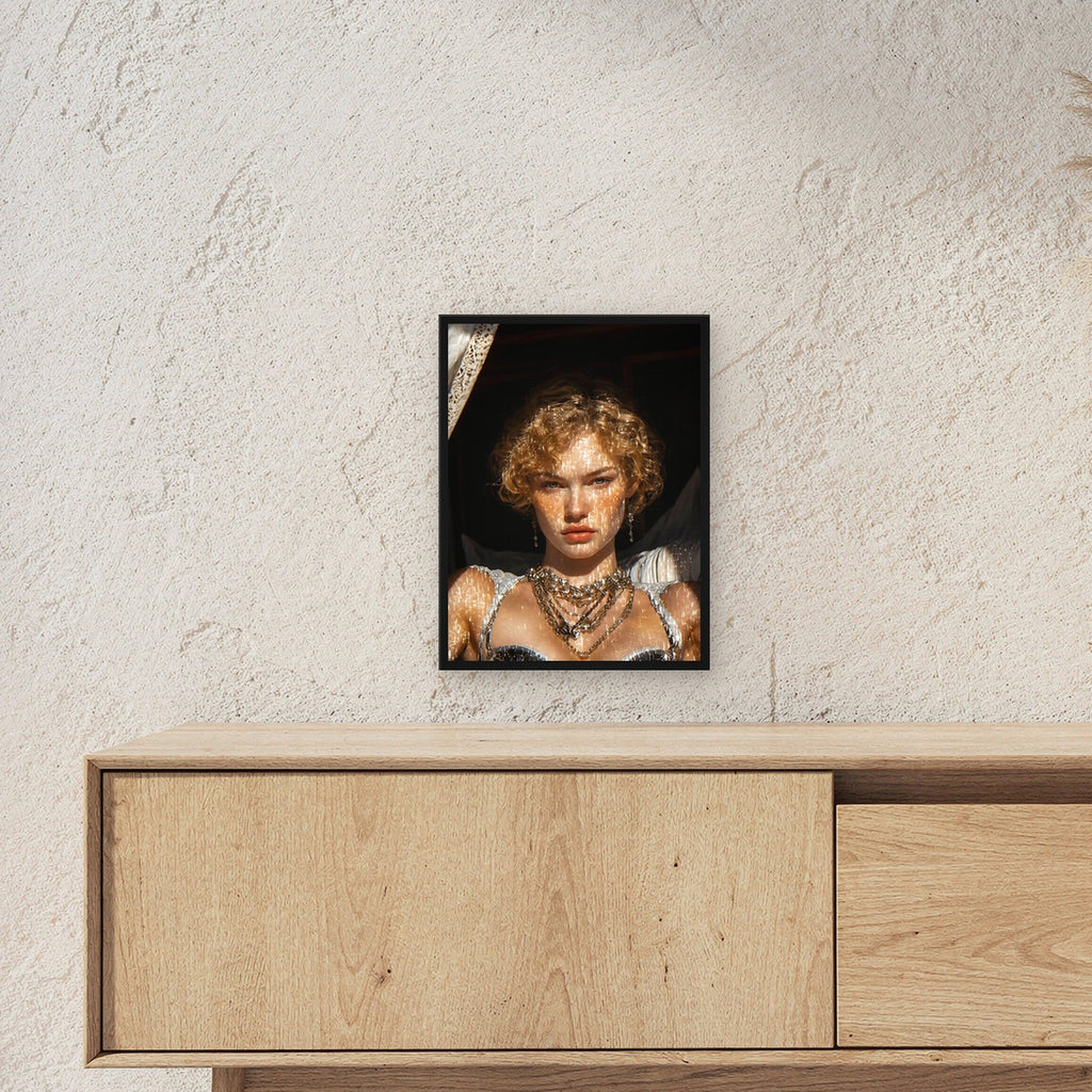 Gothic Frau Poster gerahmt | Fantasy Deko im schwarzen Holzrahmen ueber einem Sideboard, zeigt die Groesse im Raum