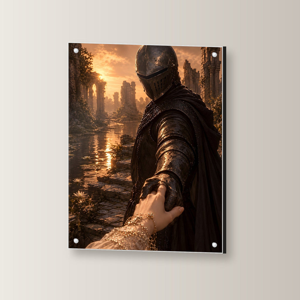 Ritter reicht der Braut die Hand, Mittelalter Fantasy Acrylglasbild auf Acrylglas mit Edelstahl-Abstandshaltern, leicht gedreht an der Wand fotografiert