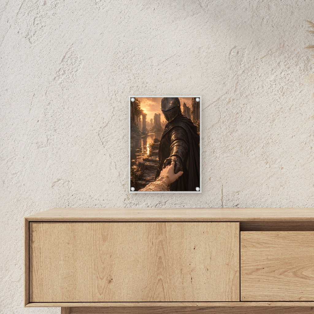 Ritter reicht der Braut die Hand, Mittelalter Fantasy Acrylglasbild auf Acrylglas mit Edelstahl-Abstandshaltern ueber einem Sideboard, zeigt die Groesse im Raum