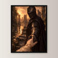 Ritter reicht der Braut die Hand, Mittelalter Fantasy Wandbild gerahmt im schwarzen Holzrahmen, gerade von vorn an heller Wand