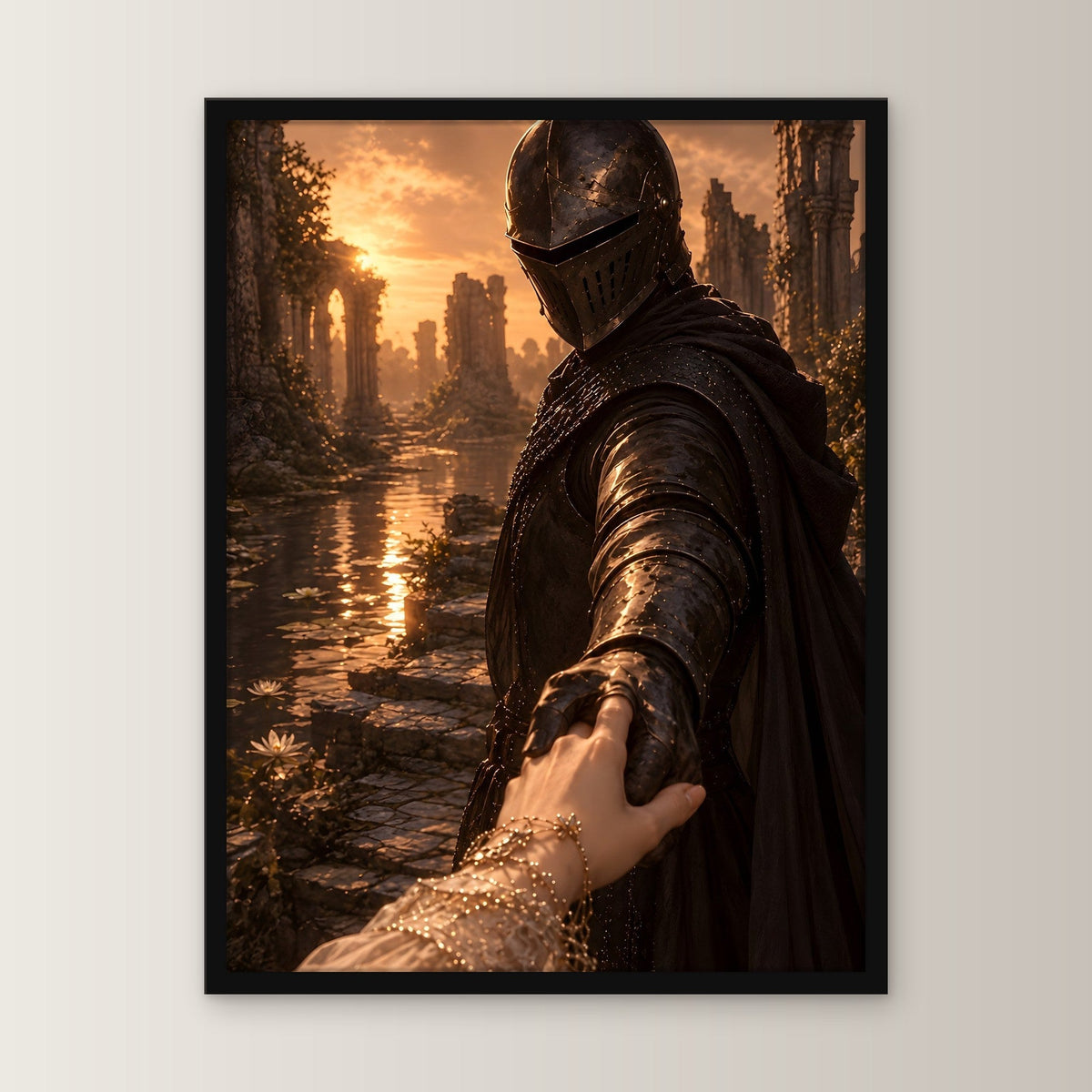 Ritter reicht der Braut die Hand, Mittelalter Fantasy Wandbild gerahmt im schwarzen Holzrahmen, gerade von vorn an heller Wand