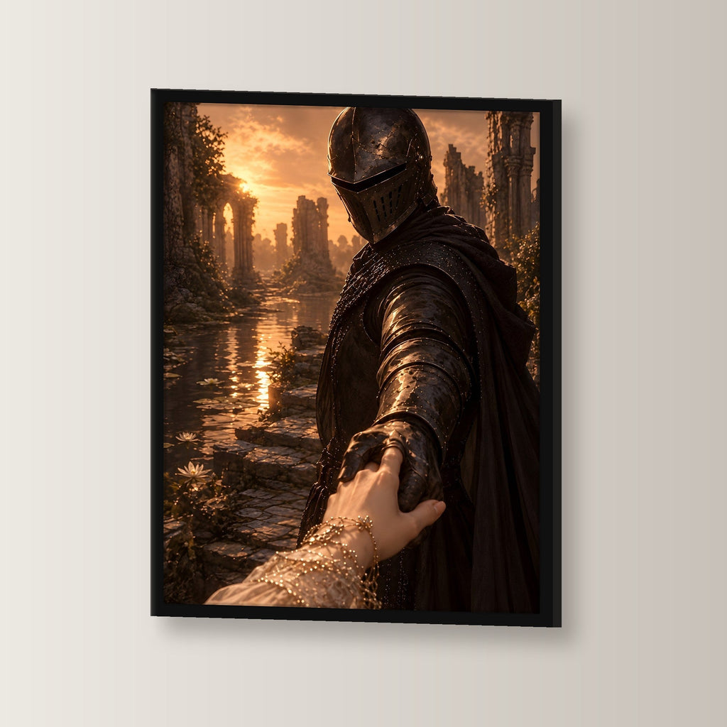 Ritter reicht der Braut die Hand, Mittelalter Fantasy Wandbild gerahmt im schwarzen Holzrahmen, leicht gedreht an der Wand fotografiert
