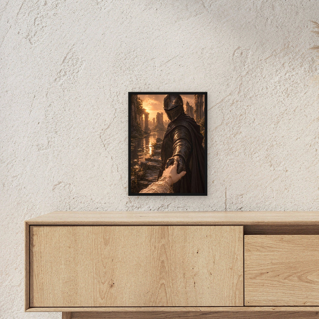 Ritter reicht der Braut die Hand, Mittelalter Fantasy Wandbild gerahmt im schwarzen Holzrahmen ueber einem Sideboard, zeigt die Groesse im Raum