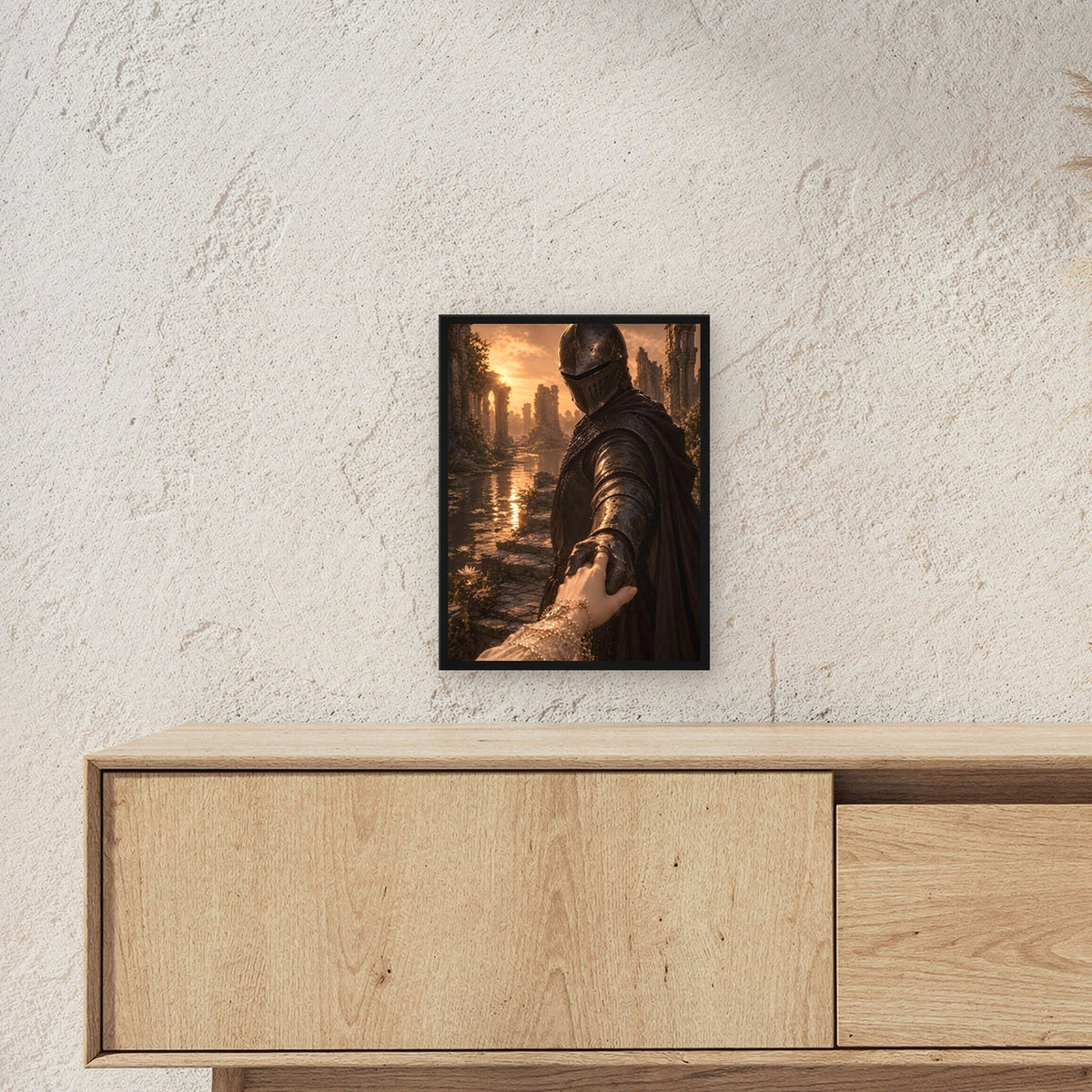 Ritter reicht der Braut die Hand, Mittelalter Fantasy Wandbild gerahmt im schwarzen Holzrahmen ueber einem Sideboard, zeigt die Groesse im Raum