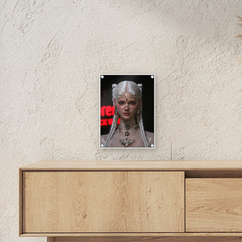 Fantasy Acrylglasbild auf Acrylglas mit Edelstahl-Abstandshaltern ueber einem Sideboard, zeigt die Groesse im Raum