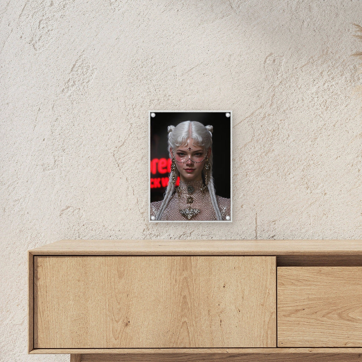 Fantasy Acrylglasbild auf Acrylglas mit Edelstahl-Abstandshaltern ueber einem Sideboard, zeigt die Groesse im Raum