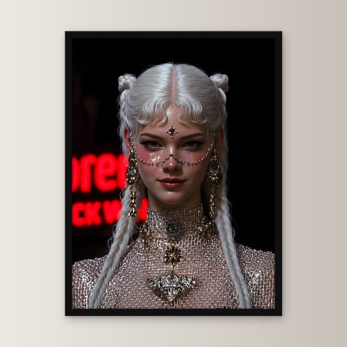 Fantasy Poster gerahmt im schwarzen Holzrahmen, gerade von vorn an heller Wand