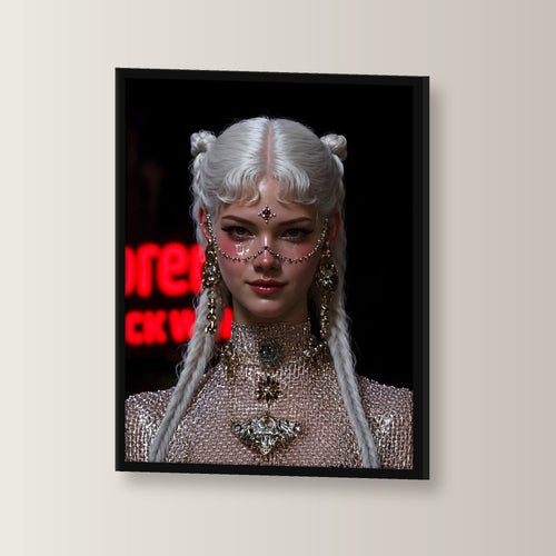 Fantasy Poster gerahmt im schwarzen Holzrahmen, leicht gedreht an der Wand fotografiert