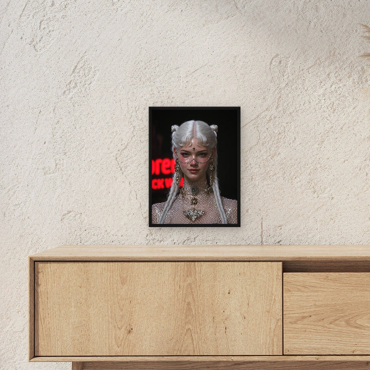Fantasy Poster gerahmt im schwarzen Holzrahmen ueber einem Sideboard, zeigt die Groesse im Raum