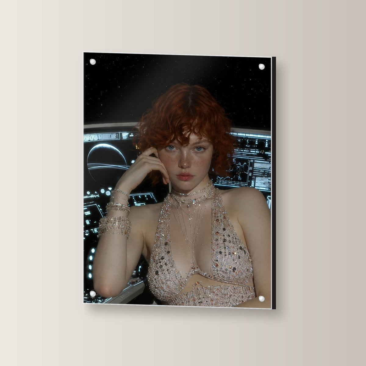 Glamour Acrylglasbild auf Acrylglas mit Edelstahl-Abstandshaltern, leicht gedreht an der Wand fotografiert