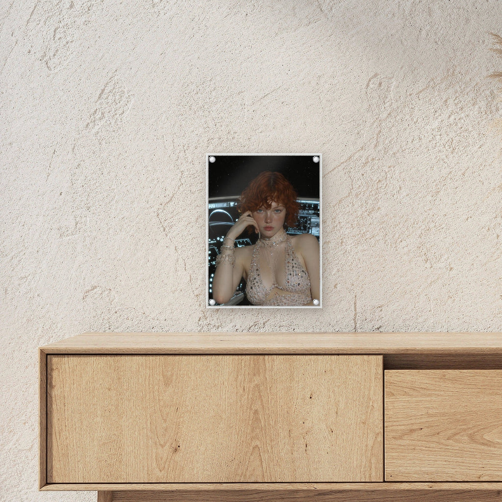 Glamour Acrylglasbild auf Acrylglas mit Edelstahl-Abstandshaltern ueber einem Sideboard, zeigt die Groesse im Raum