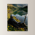 Ritter ruht am klaren Bergsee, Mittelalter Fantasy Acrylglasbild auf Acrylglas mit Edelstahl-Abstandshaltern, gerade von vorn an heller Wand