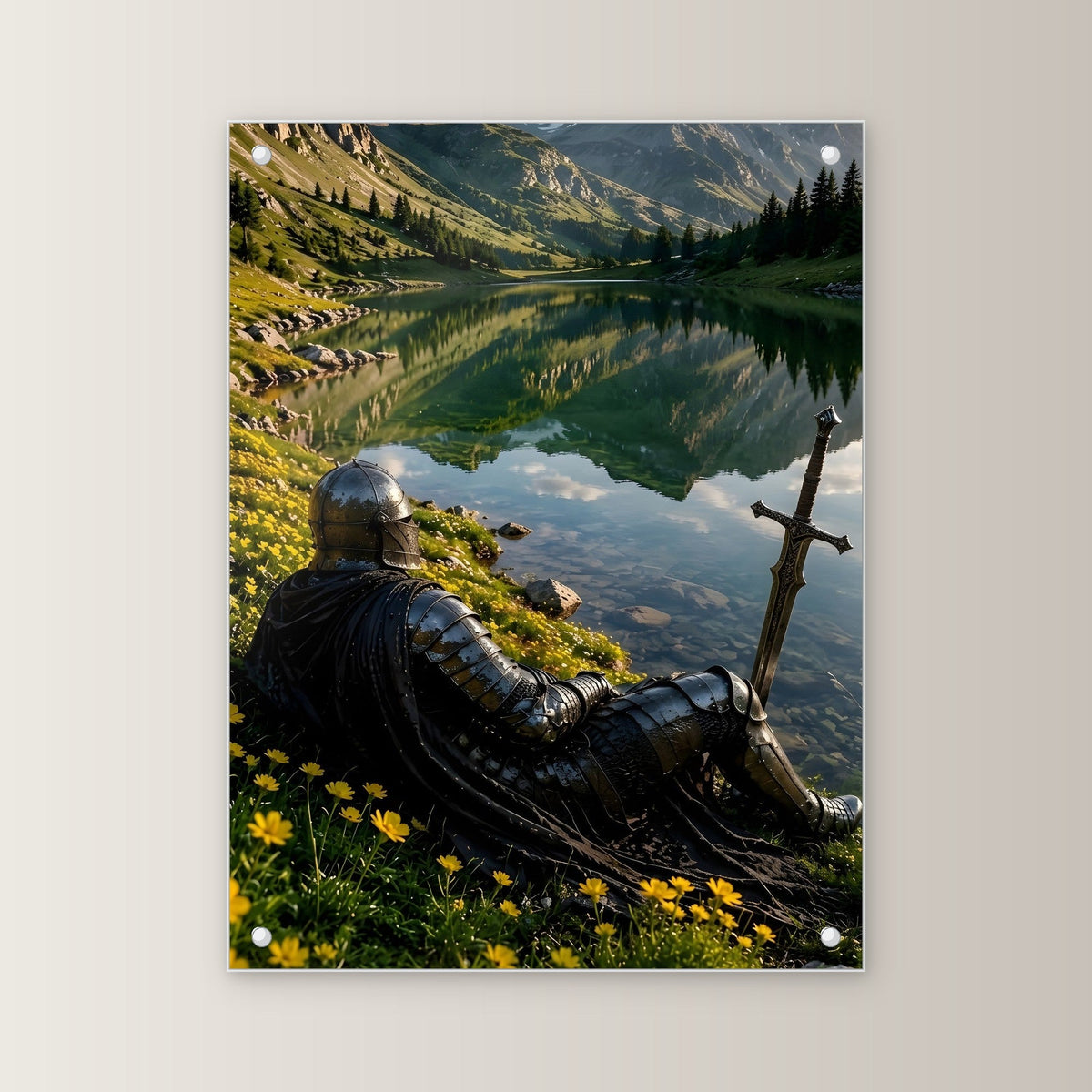 Ritter ruht am klaren Bergsee, Mittelalter Fantasy Acrylglasbild auf Acrylglas mit Edelstahl-Abstandshaltern, gerade von vorn an heller Wand