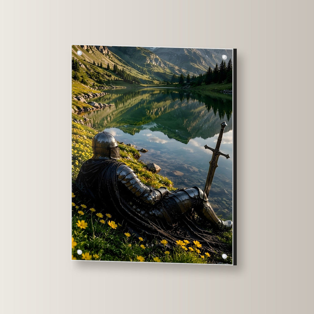 Ritter ruht am klaren Bergsee, Mittelalter Fantasy Acrylglasbild auf Acrylglas mit Edelstahl-Abstandshaltern, leicht gedreht an der Wand fotografiert