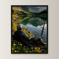 Ritter ruht am klaren Bergsee, Mittelalter Fantasy Wandbild gerahmt im schwarzen Holzrahmen, gerade von vorn an heller Wand