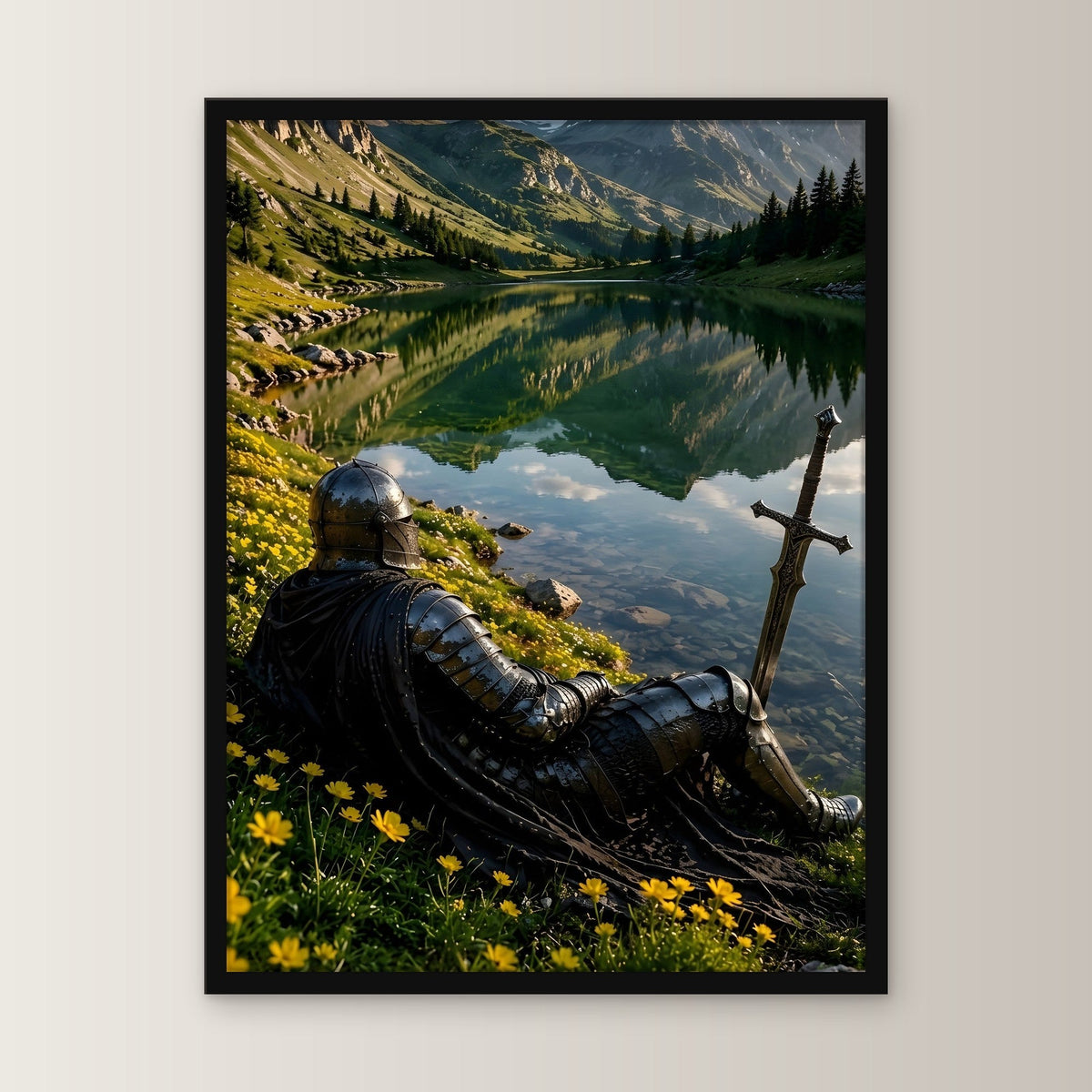 Ritter ruht am klaren Bergsee, Mittelalter Fantasy Wandbild gerahmt im schwarzen Holzrahmen, gerade von vorn an heller Wand