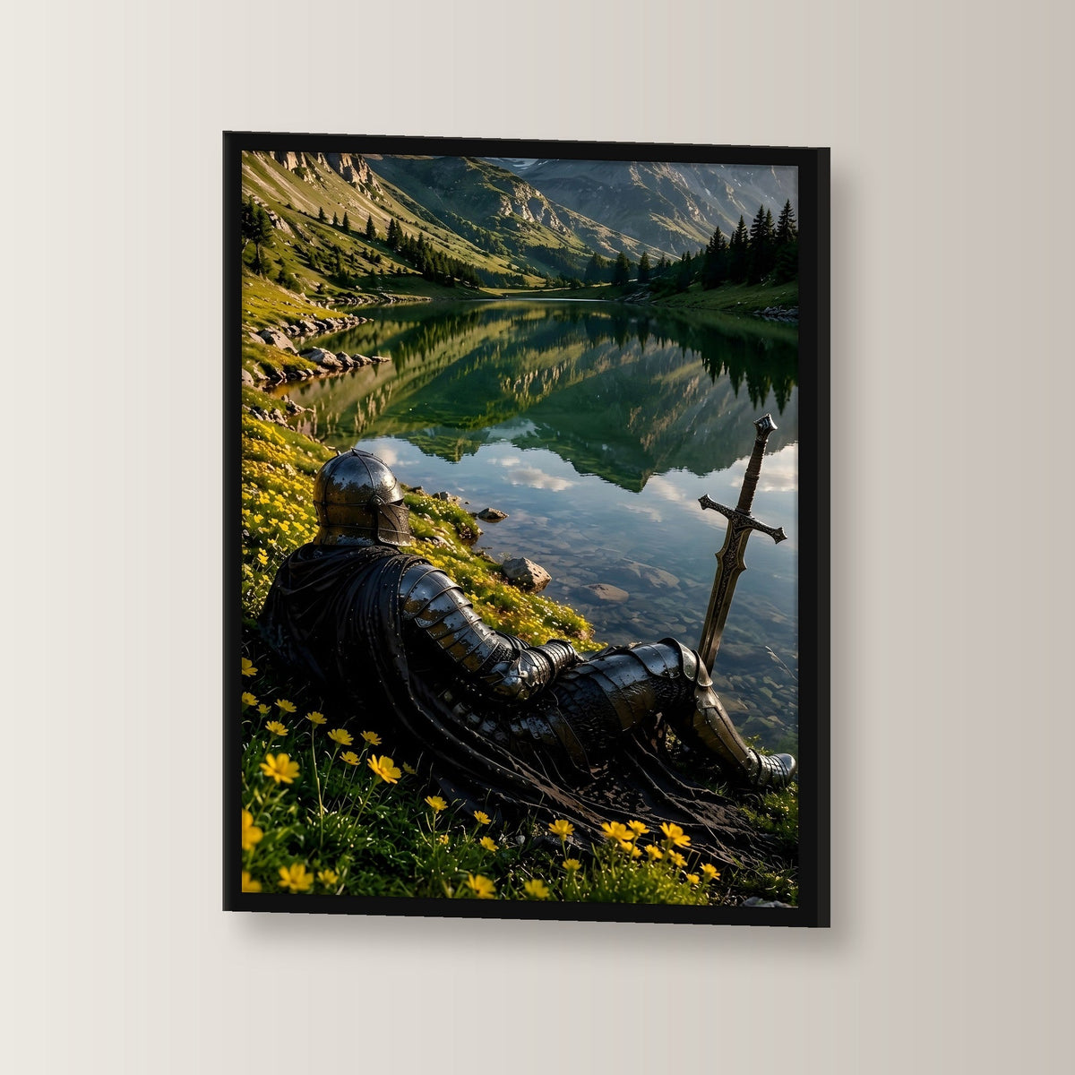 Ritter ruht am klaren Bergsee, Mittelalter Fantasy Wandbild gerahmt im schwarzen Holzrahmen, leicht gedreht an der Wand fotografiert