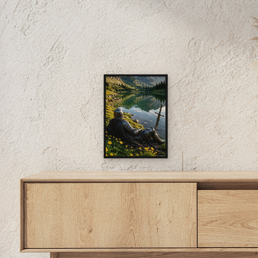 Ritter ruht am klaren Bergsee, Mittelalter Fantasy Wandbild gerahmt im schwarzen Holzrahmen ueber einem Sideboard, zeigt die Groesse im Raum