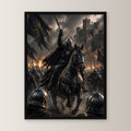 Dark-Fantasy Poster gerahmt im schwarzen Holzrahmen, gerade von vorn an heller Wand